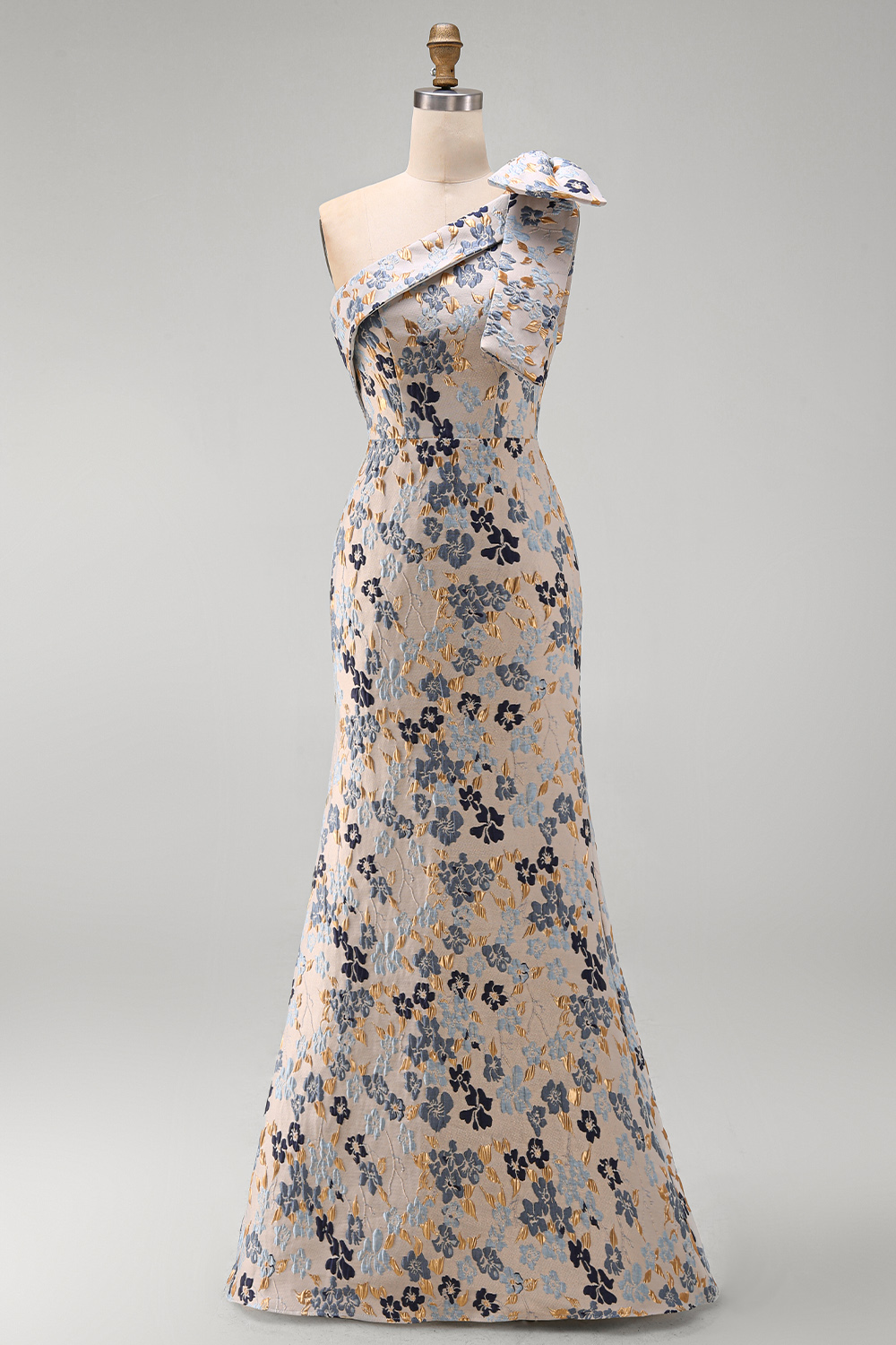 Grey Blue Floral Mermaid Jacquard One Shoulder Maxi Formal Dress