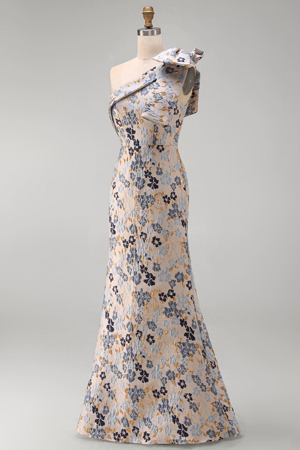 Grey Blue Floral Mermaid Jacquard One Shoulder Maxi Formal Dress
