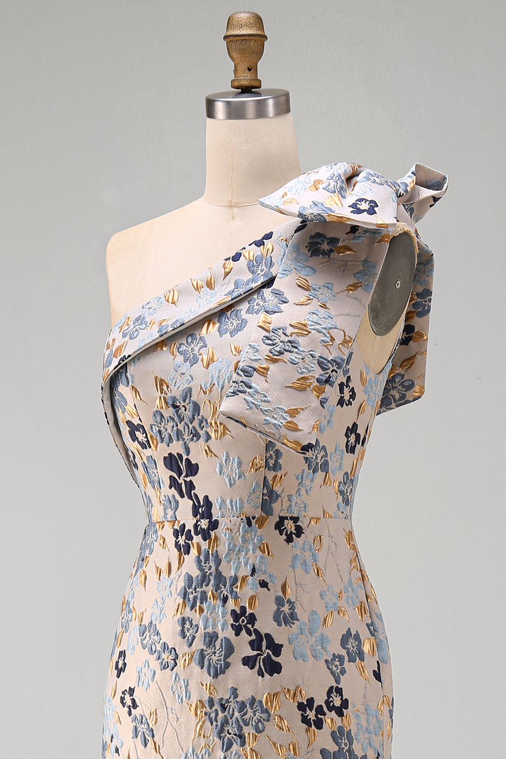 Grey Blue Floral Mermaid Jacquard One Shoulder Maxi Formal Dress