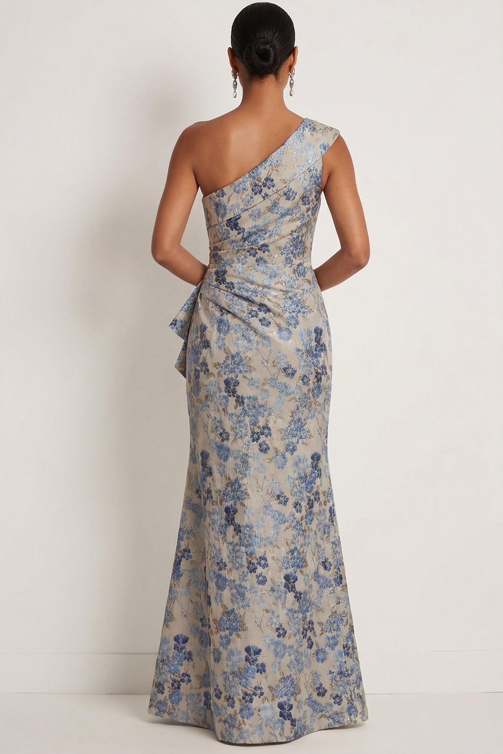 Grey Blue Floral Mermaid One Shoulder Maxi Formal Dress with Slit