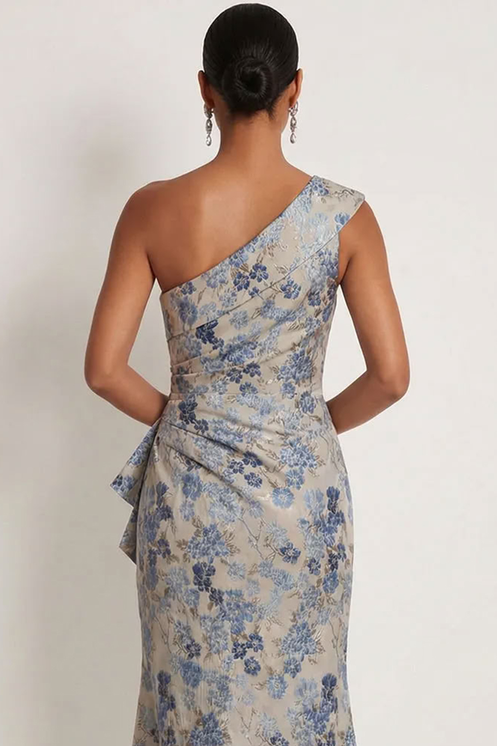 Grey Blue Floral Mermaid One Shoulder Maxi Formal Dress with Slit