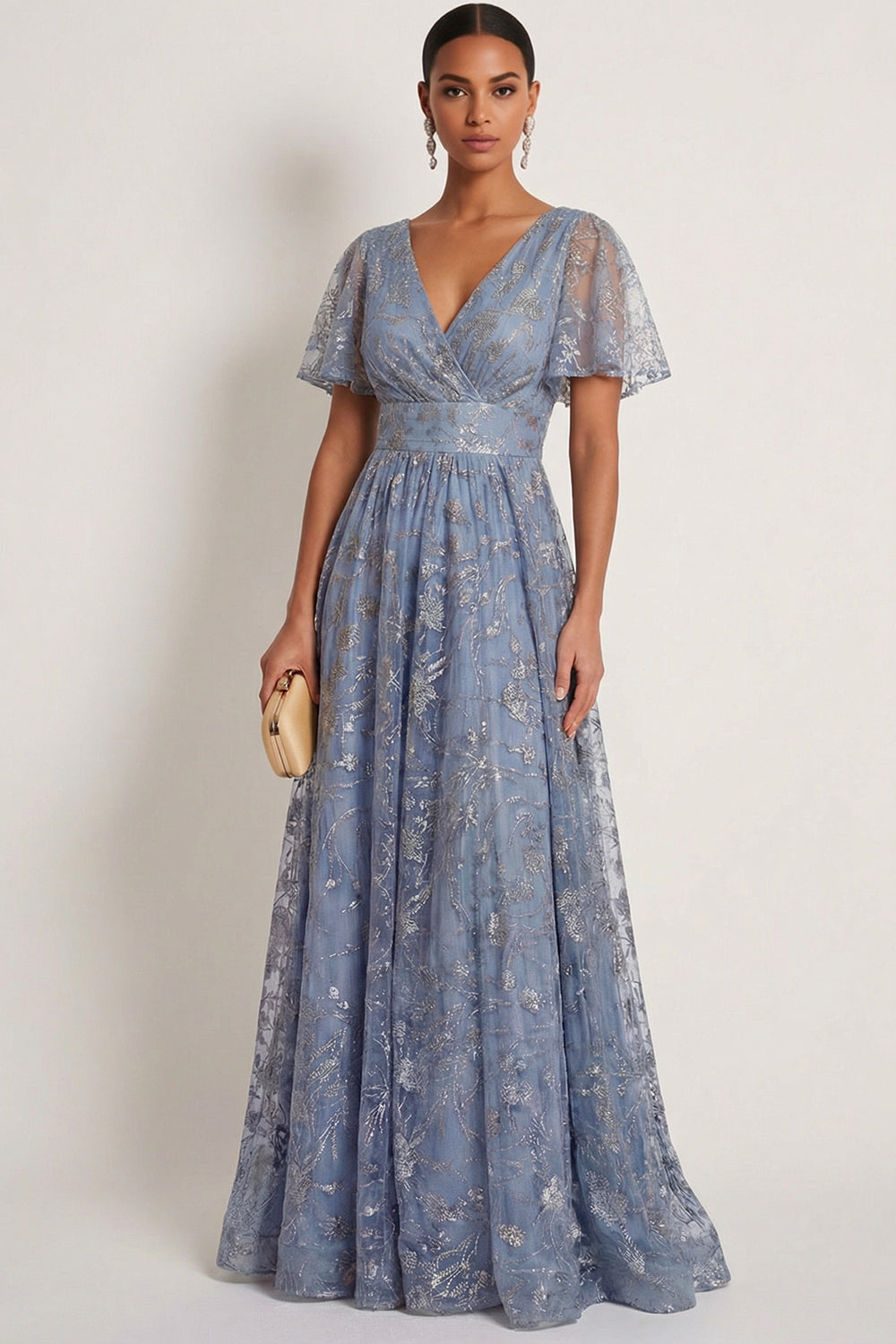 Leely Women Sparkly Grey Blue Sequin Floral A Line Maxi Formal Dress V Neck High Waist Appliqued Evening Dress