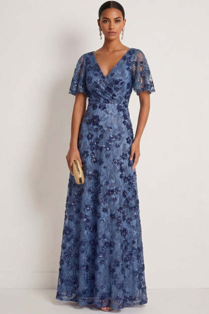 Leely Women Sparkly Dark Blue Floral Sequin A Line Long Formal Dress V Neck Appliqued Evening Dress