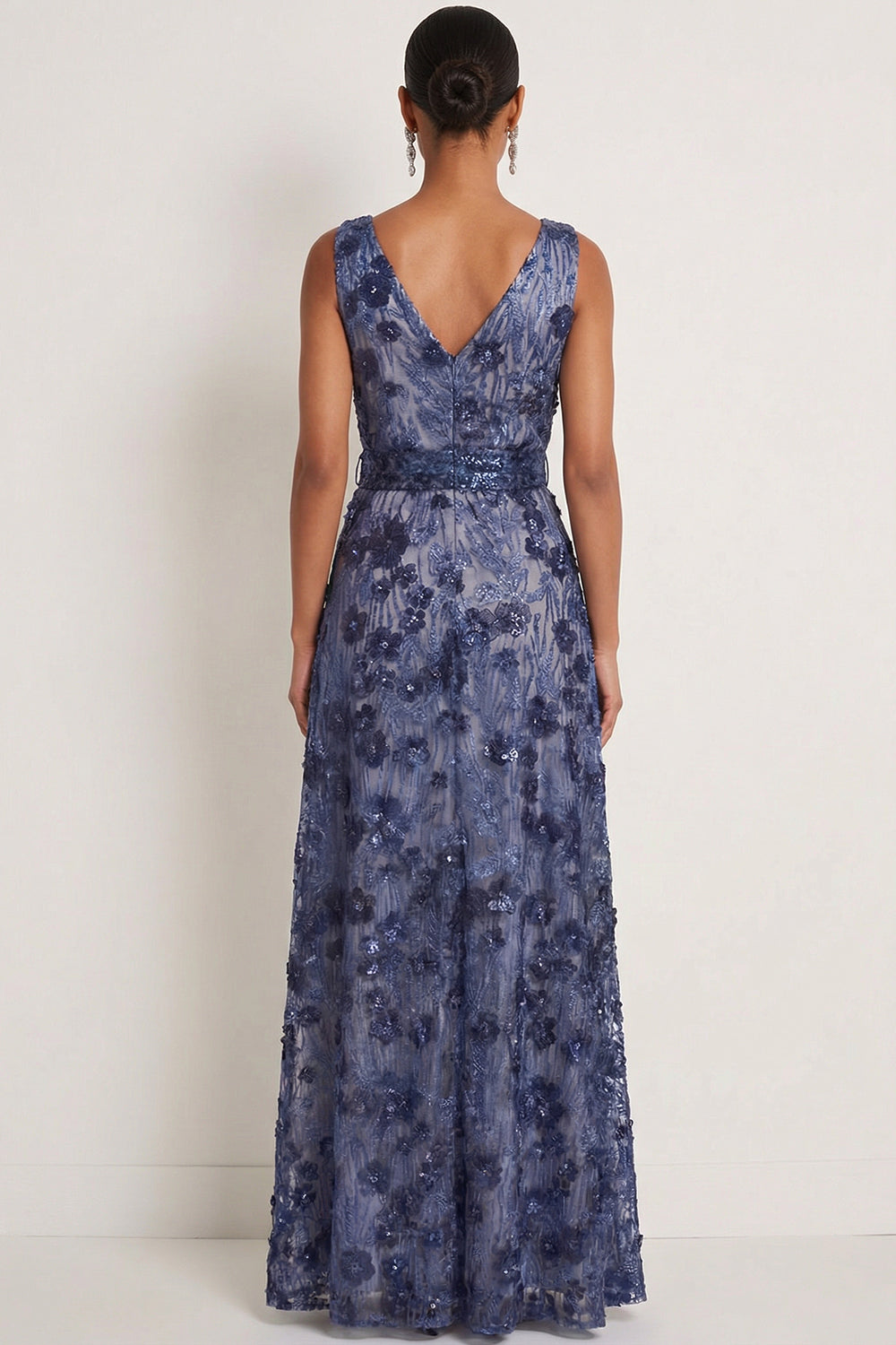 Sparkly Floral Dark Blue Sequin A Line Long Formal Dress with Bow