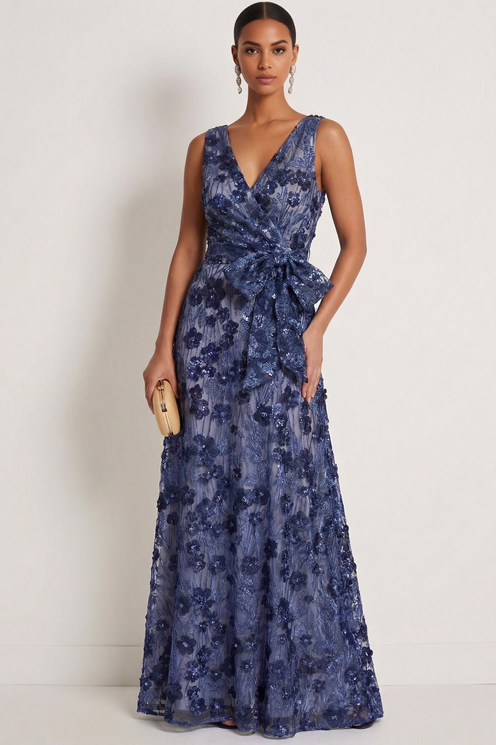 Sparkly Floral Dark Blue Sequin A Line Long Formal Dress with Bow
