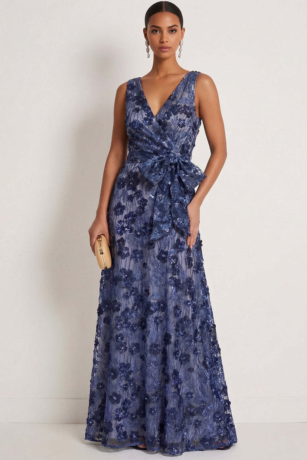 Leely Women Sparkly Floral Dark Blue Sequin A Line Long Formal Dress with Bow V Neck Backless Evening Dress