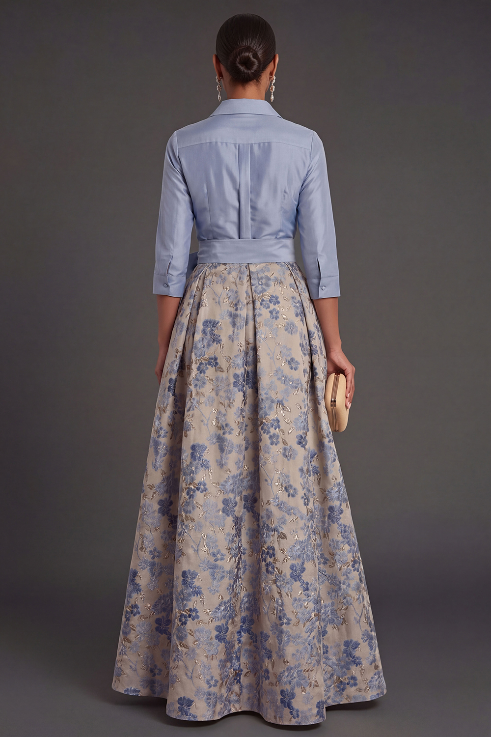 Navy Jacquard Floral A Line Long Formal Dress with Bow