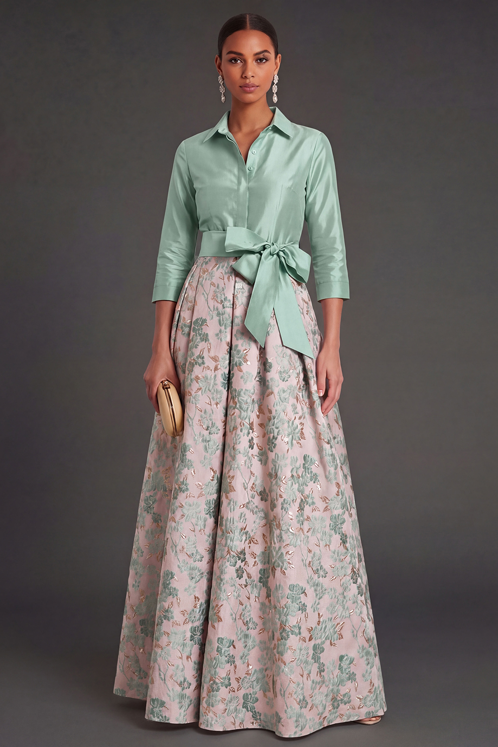 Navy Jacquard Floral A Line Long Formal Dress with Bow