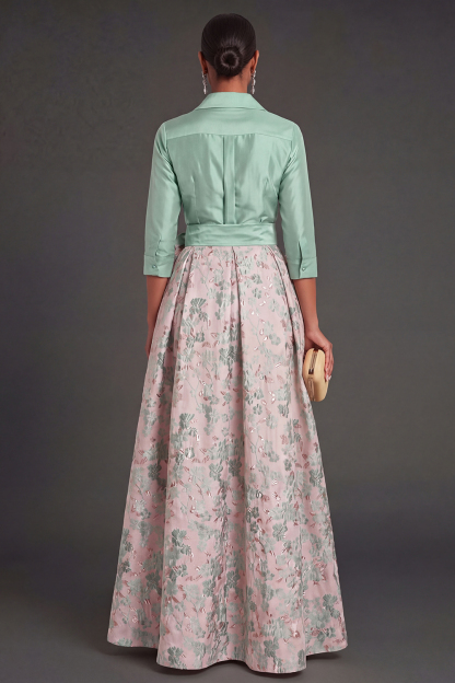 Navy Jacquard Floral A Line Long Formal Dress with Bow