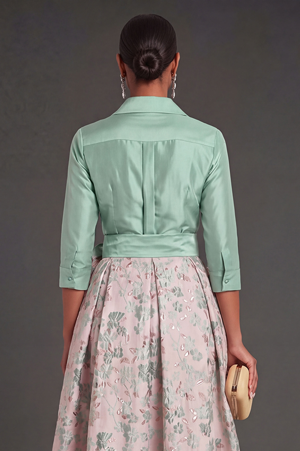 Navy Jacquard Floral A Line Long Formal Dress with Bow