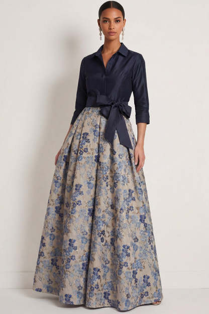 Leely Women Navy Jacquard Floral A Line Long Formal Dress with Bow Collar Neck Long Sleeves Evening Dress