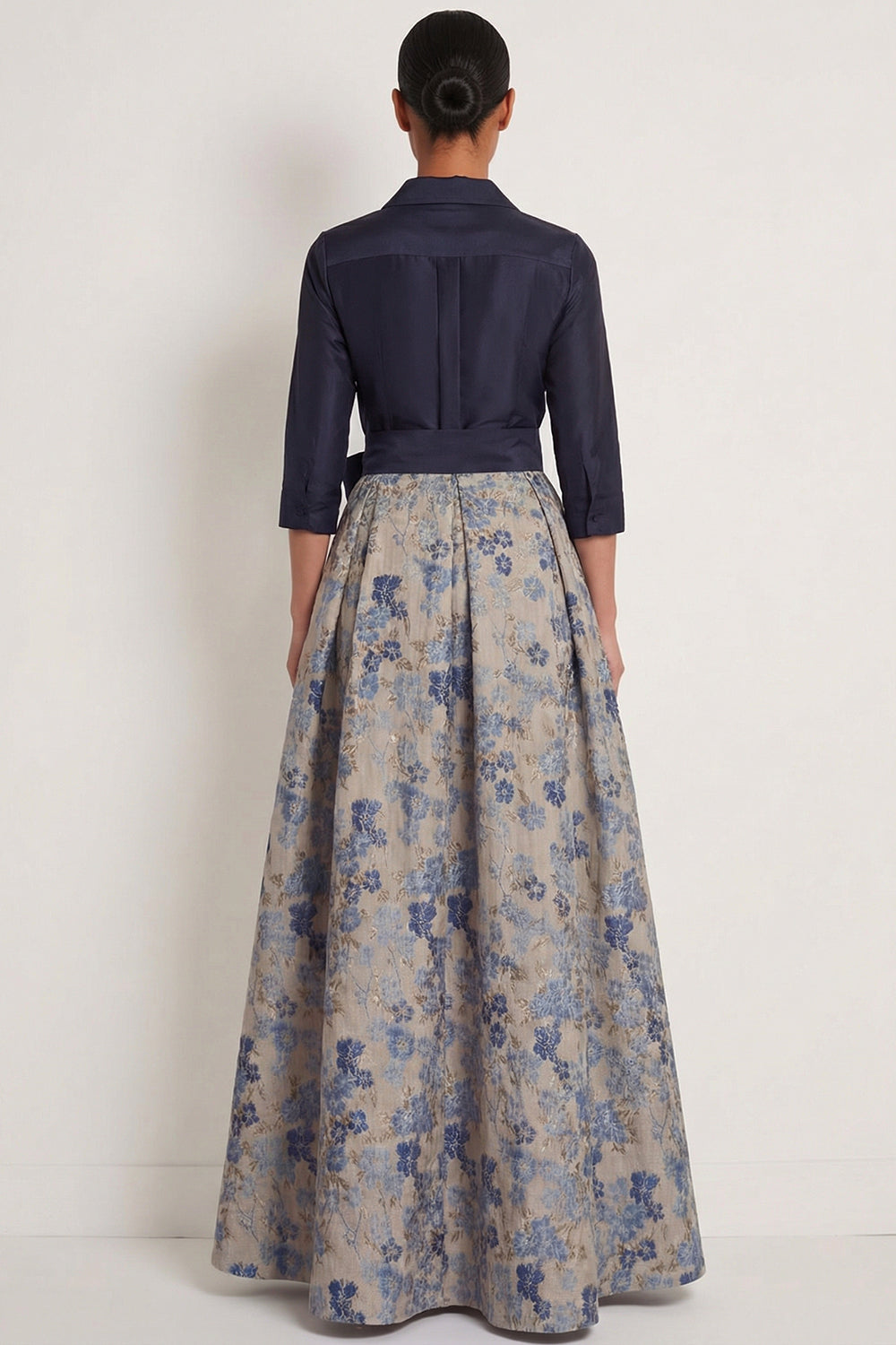 Navy Jacquard Floral A Line Long Formal Dress with Bow
