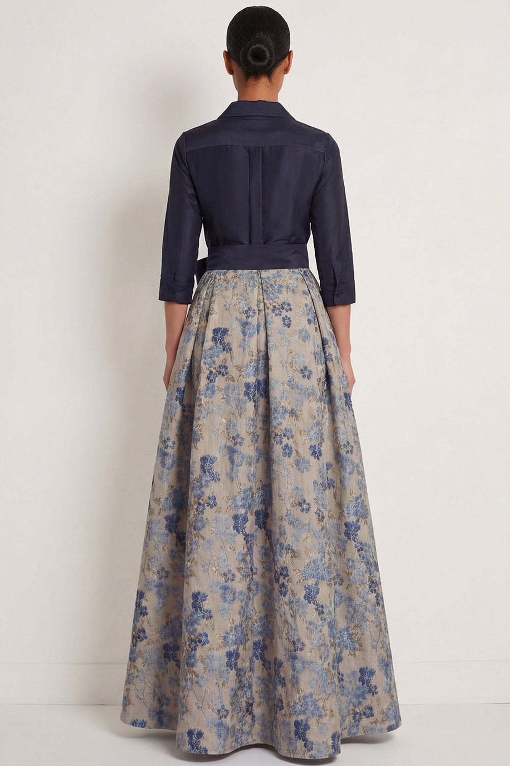 Navy Jacquard Floral A Line Long Formal Dress with Bow
