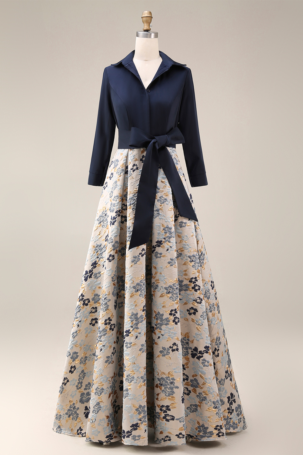 Navy Jacquard Floral A Line Long Formal Dress with Bow
