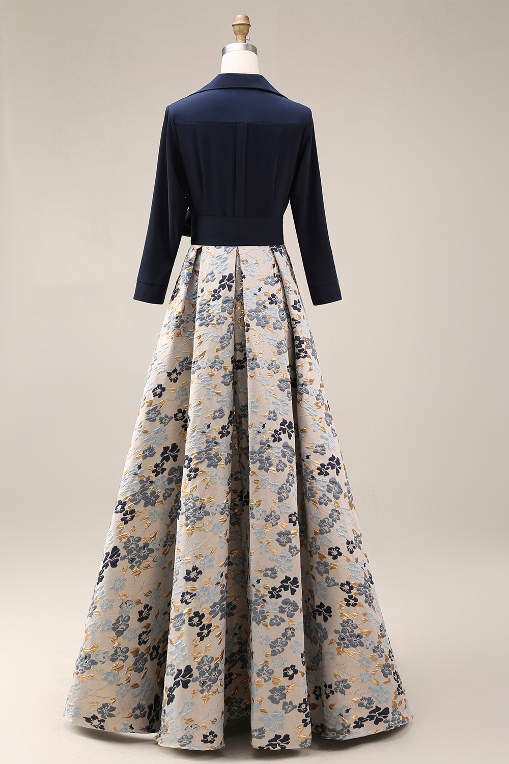 Navy Jacquard Floral A Line Long Formal Dress with Bow