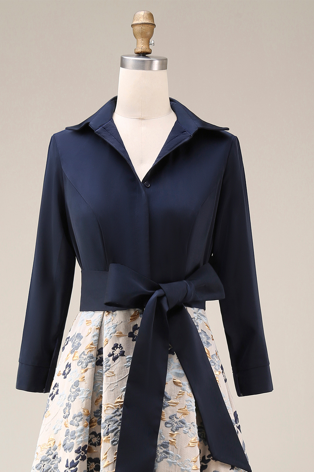 Navy Jacquard Floral A Line Long Formal Dress with Bow