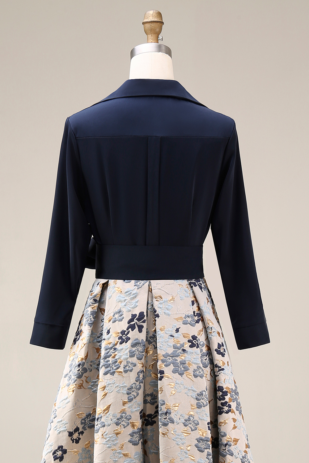 Navy Jacquard Floral A Line Long Formal Dress with Bow