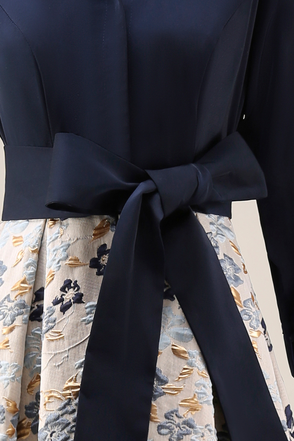Navy Jacquard Floral A Line Long Formal Dress with Bow