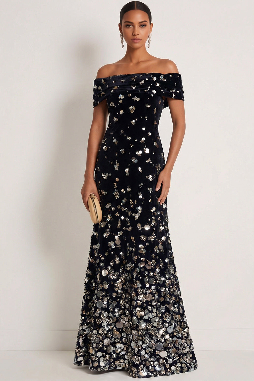 Sparkly Black Silver Mermaid Sequin Off the Shoulder Long Gala Dress
