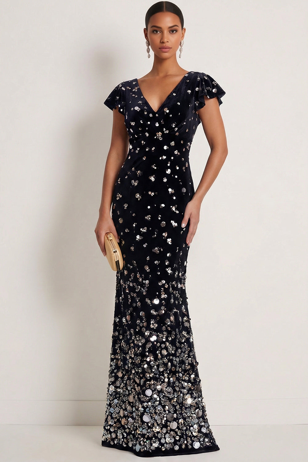 Leely Women Sparkly Black Silver Mermaid Sequin Long Gala Dress with Cap Sleeves V Neck Backless Evening Dress