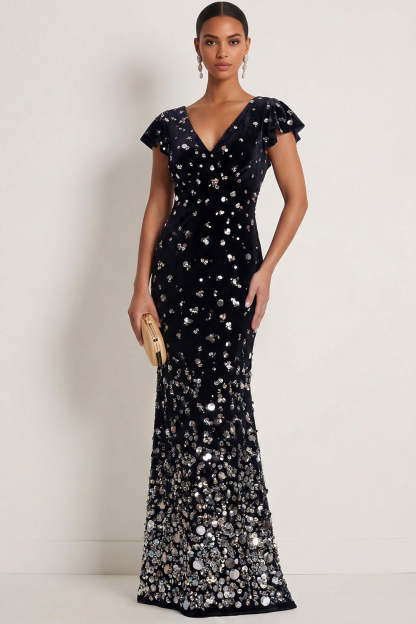 Leely Women Sparkly Black Silver Mermaid Sequin Long Gala Dress with Cap Sleeves V Neck Backless Evening Dress