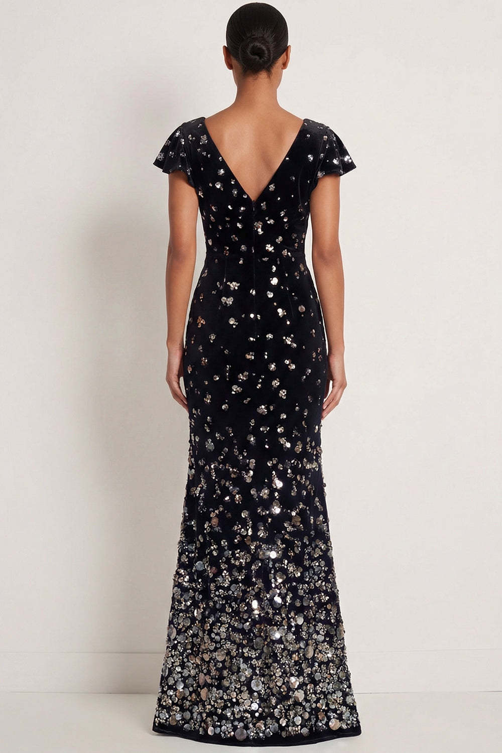 Sparkly Black Silver Mermaid Sequin Long Gala Dress with Cap Sleeves