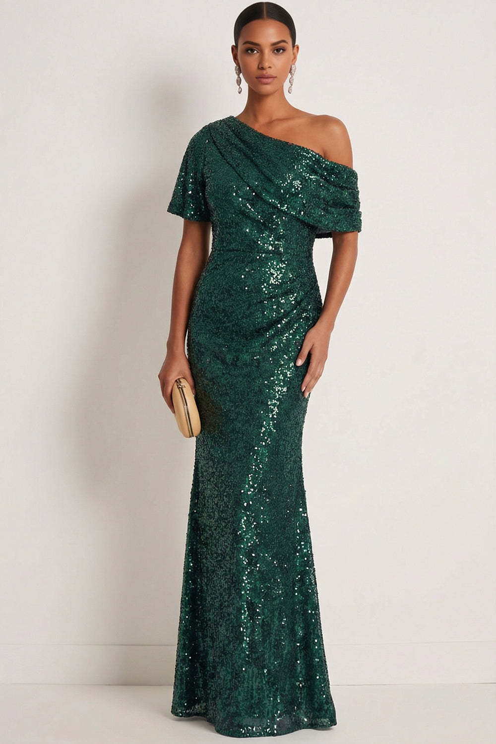 Leely Women Sparkly Dark Green Mermaid Long Gala Dress One Shoulder Sequined Evening Dress