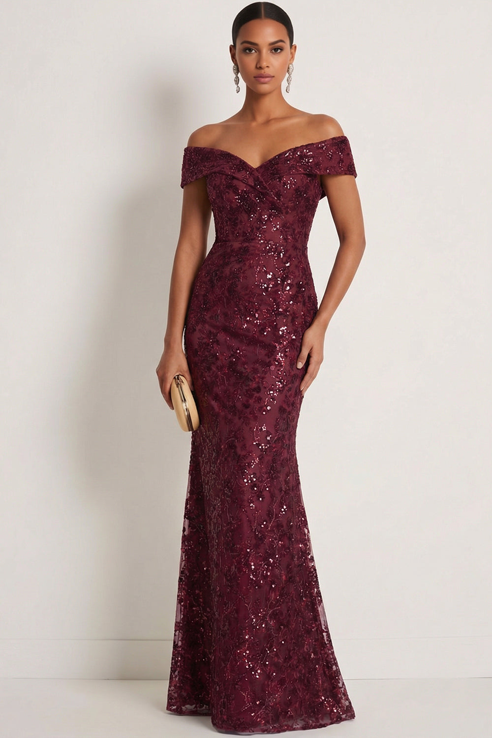 Leely Women Burgundy Sparkly Sequin Mermaid Maxi Gala Dress Off the Shoulder Backless Evening Dress