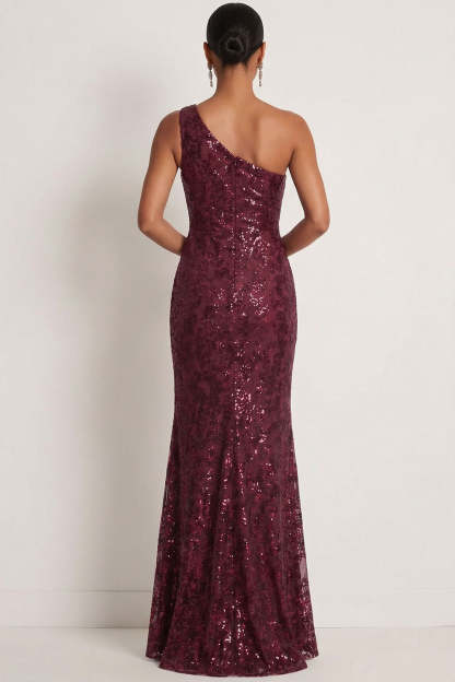 Sparkly Sequin Burgundy One Shoulder Long Gala Dress