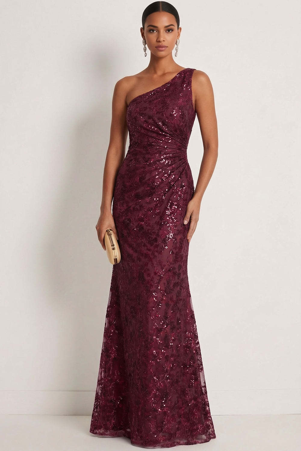 Leely Women Sparkly Sequin Burgundy Mermaid Long Gala Dress One Shoulder Ruched Evening Dress