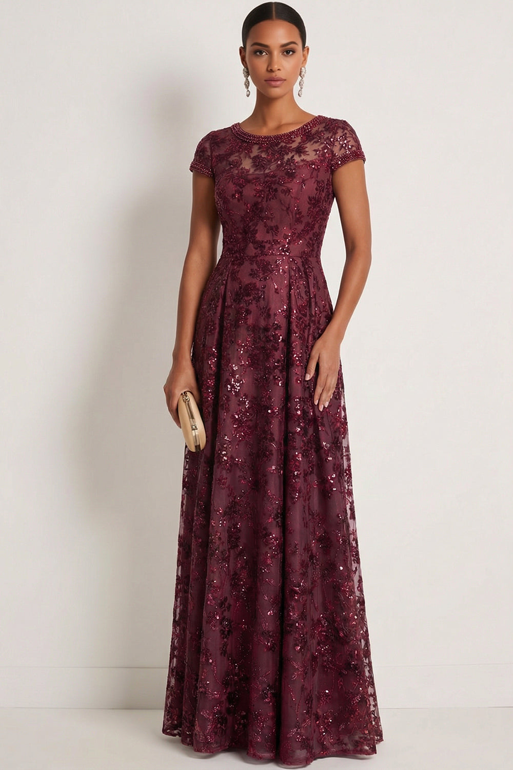 Sparkly Sequin Burgundy Floral A Line Long Gala Dress