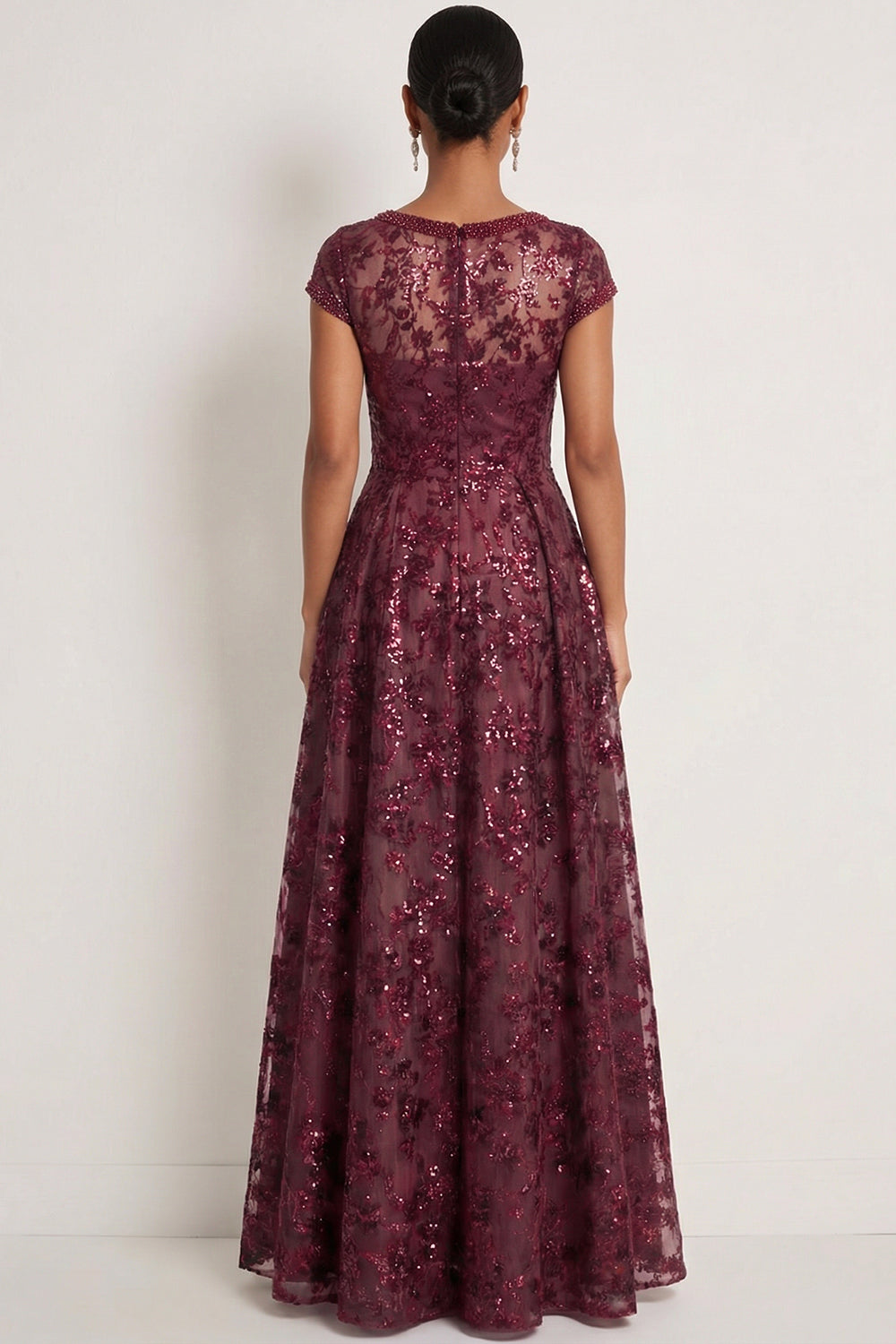 Sparkly Sequin Burgundy Floral A Line Long Gala Dress