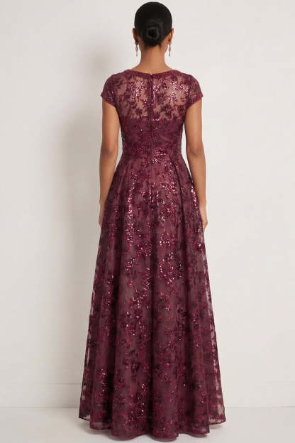 Sparkly Sequin Burgundy Floral A Line Long Gala Dress