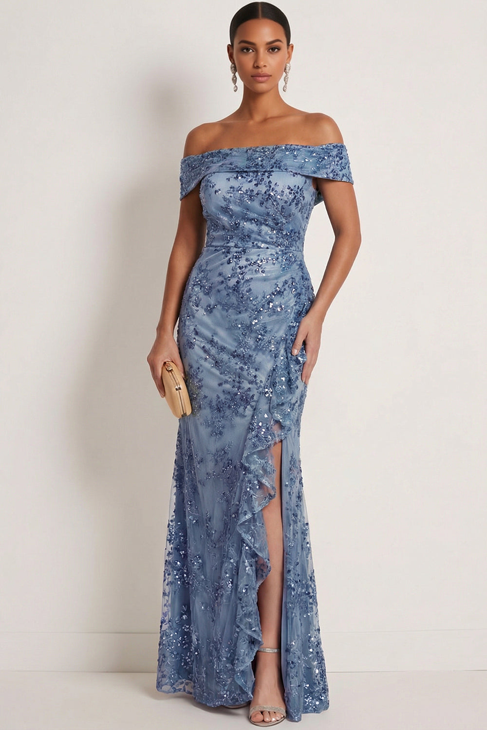 Leely Women Sparkly Grey Blue Sequined Mermaid Long Formal Dress with Slit Ruffled Backless Off the Shoulder Evening Dress