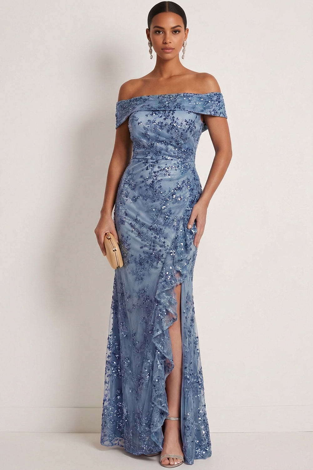 Leely Women Sparkly Grey Blue Sequined Mermaid Long Formal Dress with Slit Ruffled Backless Off the Shoulder Evening Dress
