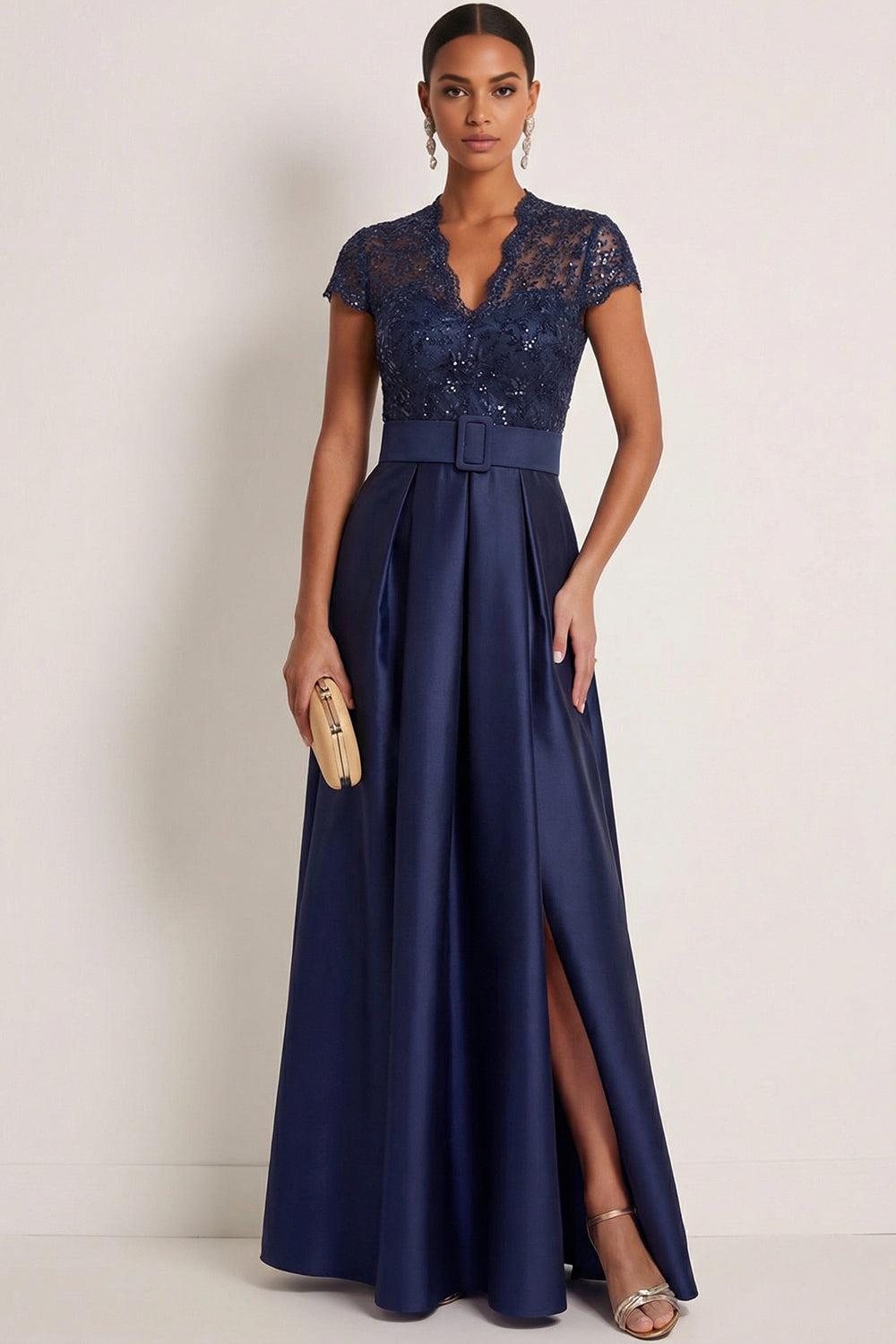 Leely Women Sparkly Grey Blue A Line Long Formal Dress with Sequin V Neck High Waist Evening Dress with Slit