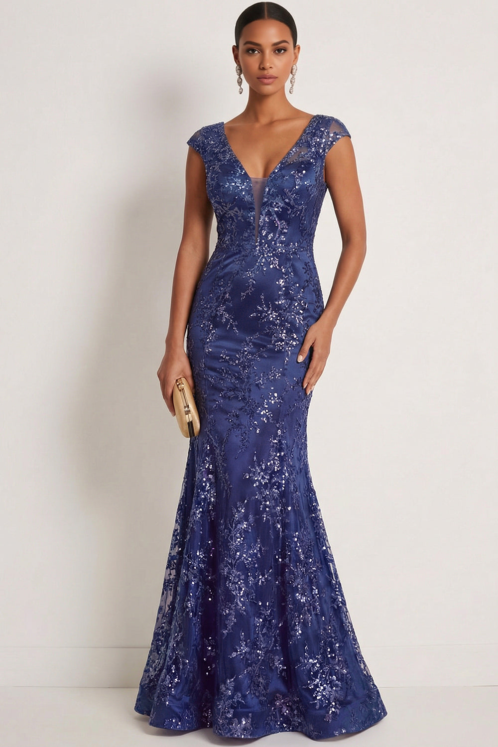 Sparkly Dark Blue Floral Mermaid V Neck Long Gala Dress