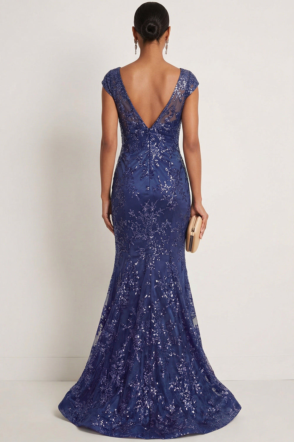 Sparkly Dark Blue Floral Mermaid V Neck Long Gala Dress