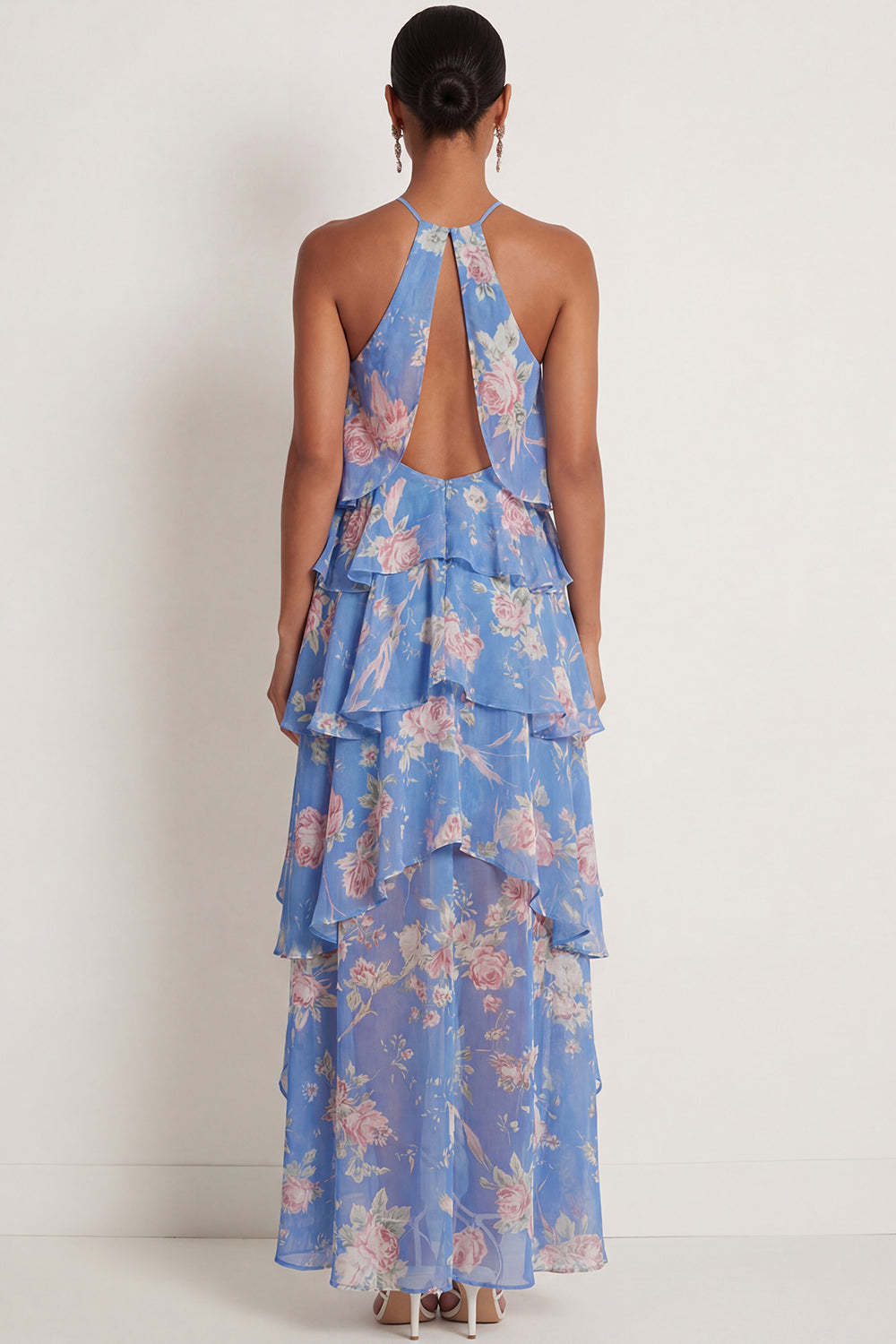 A Line Floral Pink Red Ruffled Halter Neck Long Wedding Guest Dress