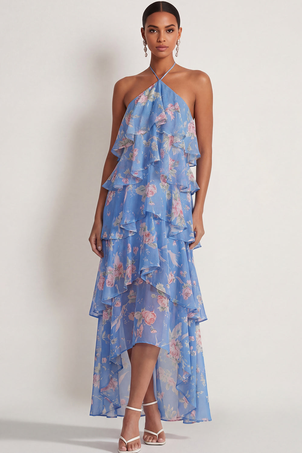 A Line Floral Pink Red Ruffled Halter Neck Long Wedding Guest Dress