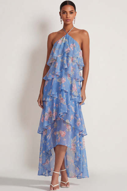 A Line Floral Pink Red Ruffled Halter Neck Long Wedding Guest Dress