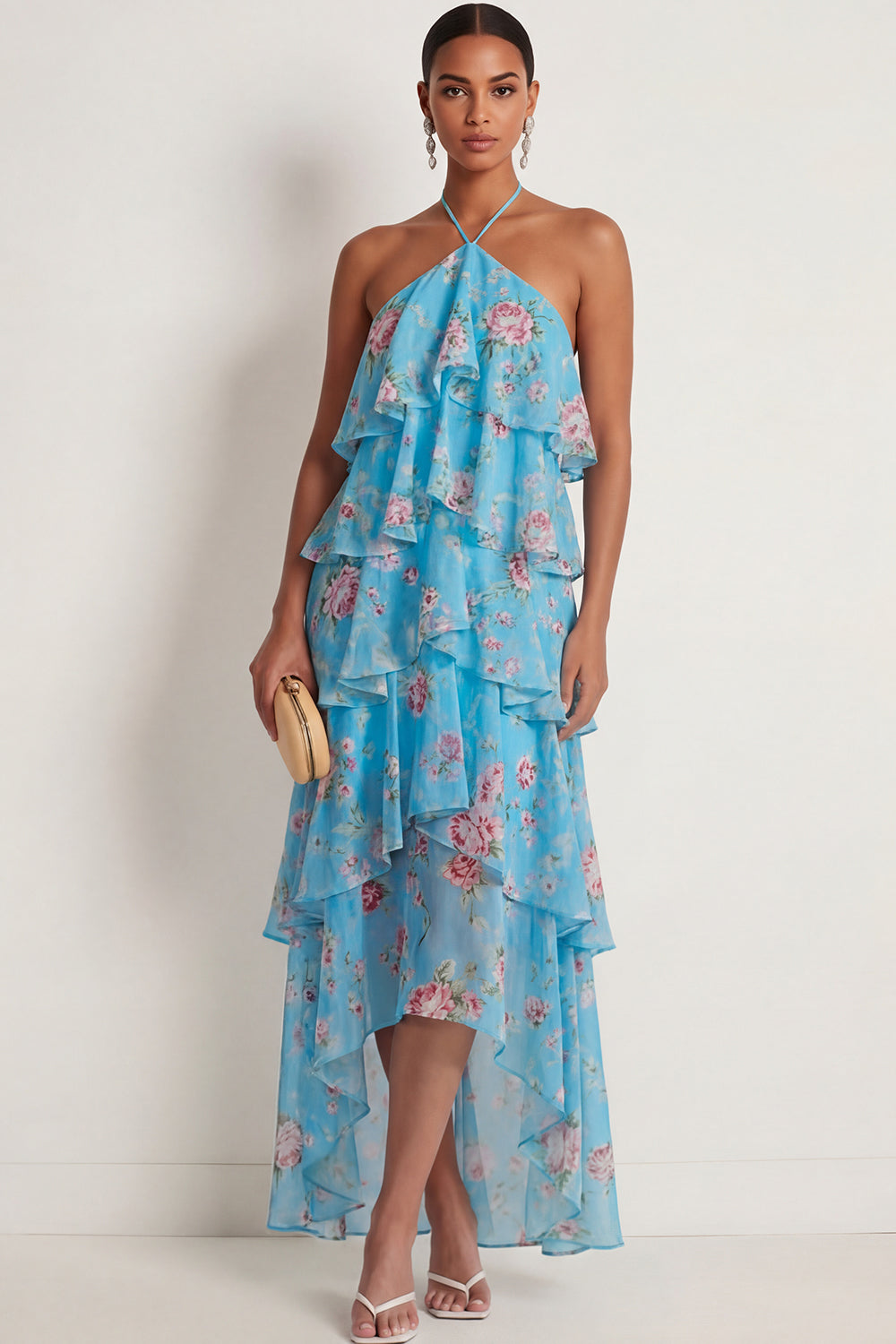 A Line Blue Red Floral Ruffled Halter Neck Long Wedding Guest Dress