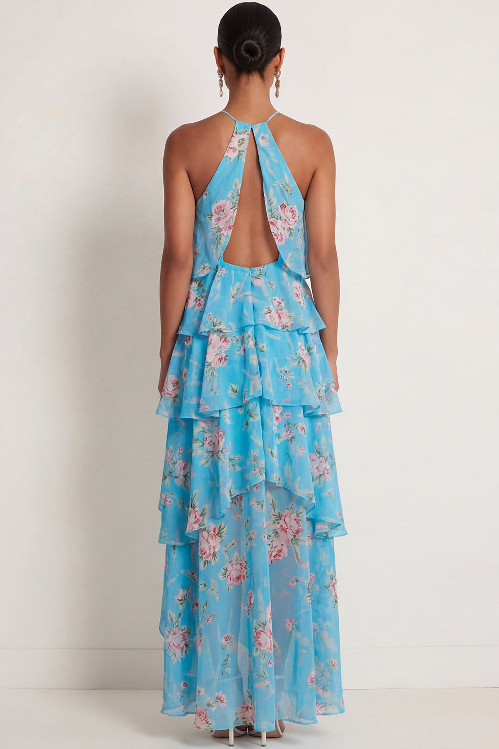 A Line Blue Red Floral Ruffled Halter Neck Long Wedding Guest Dress