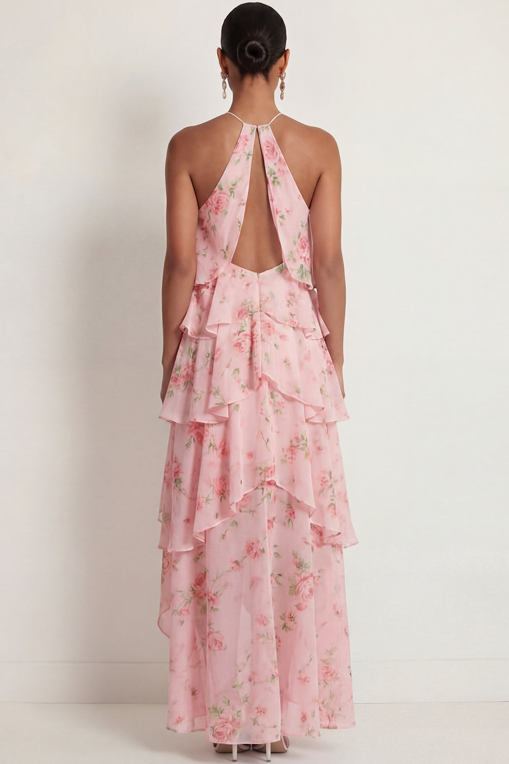 Blue Pink Floral A Line Ruffled Halter Neck Long Wedding Guest Dress