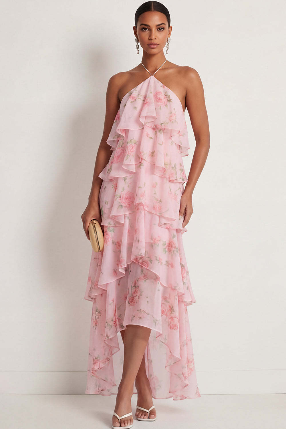 Leely Women Pink Red Floral A Line Long Wedding Guest Dress Ruffled Halter Neck Backless Formal Dress