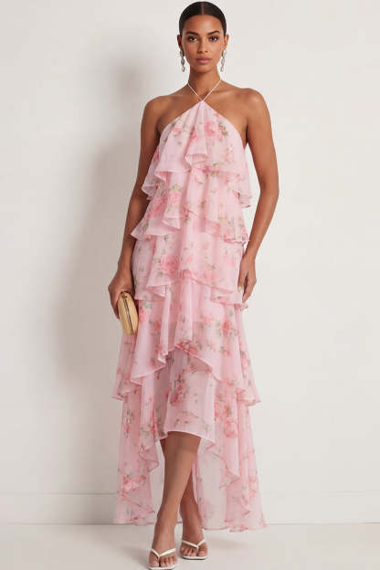 Leely Women Pink Red Floral A Line Long Wedding Guest Dress Ruffled Halter Neck Backless Formal Dress