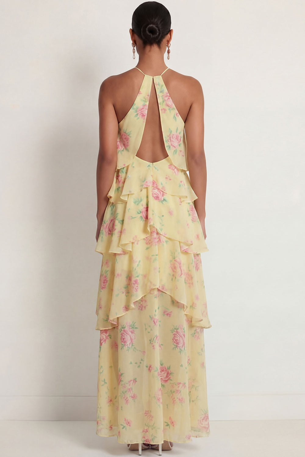 A Line Floral Ruffled Yellow Pink Halter Neck Long Wedding Guest Dress