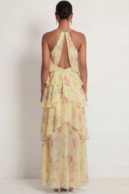 A Line Floral Pink Red Ruffled Halter Neck Long Wedding Guest Dress