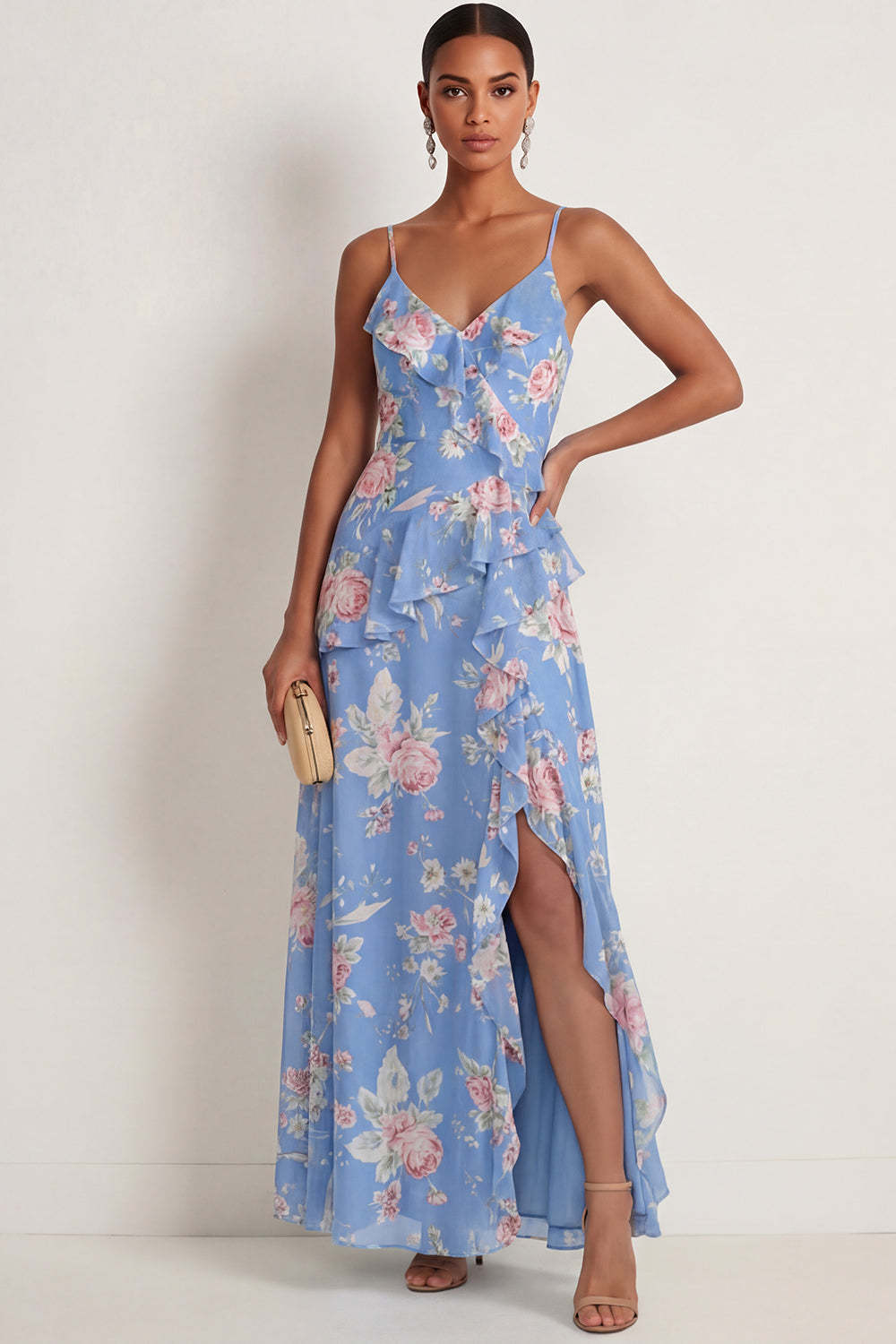 Blue Pink Floral A Line Ruffled Spaghetti Straps Maxi Wedding Guest Dress with Slit