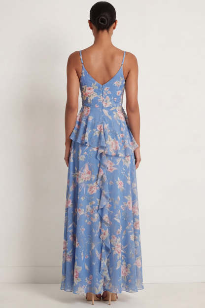 Blue Pink Floral A Line Ruffled Spaghetti Straps Maxi Wedding Guest Dress with Slit